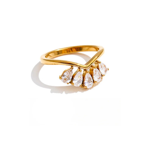 Gold-plated stainless steel ring with cubic zirconia accents.