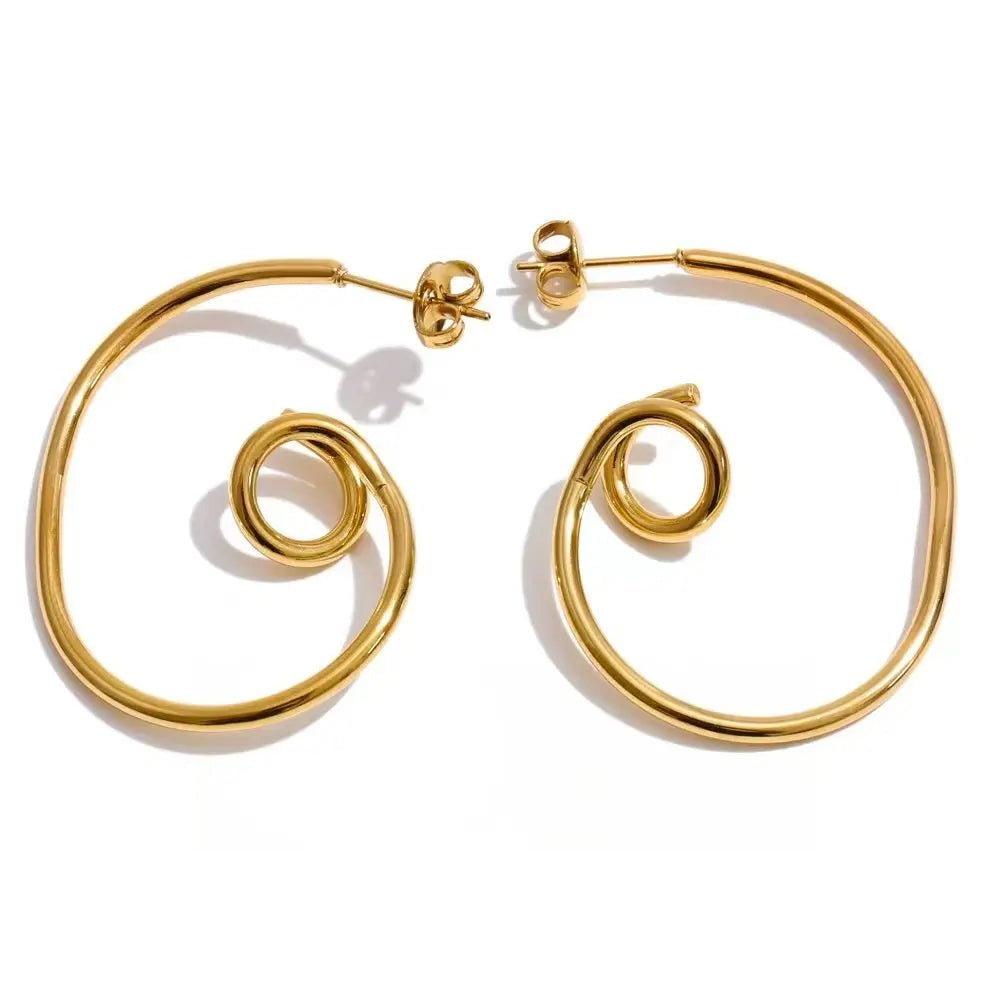 Gold-plated stainless steel earrings with a swirly design.