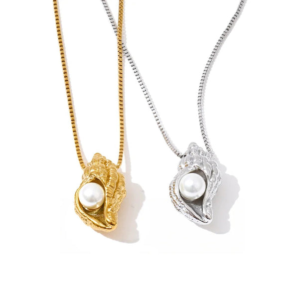 Gold-plated stainless steel necklace with pearl and shell pendant.