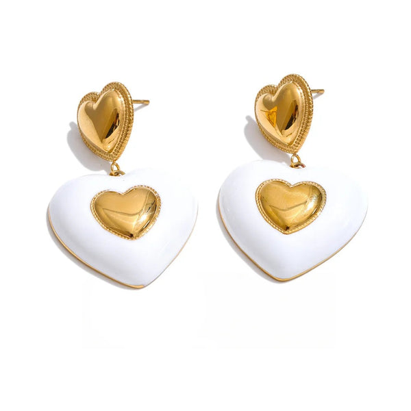Gold-plated stainless steel earrings with enamel heart design.