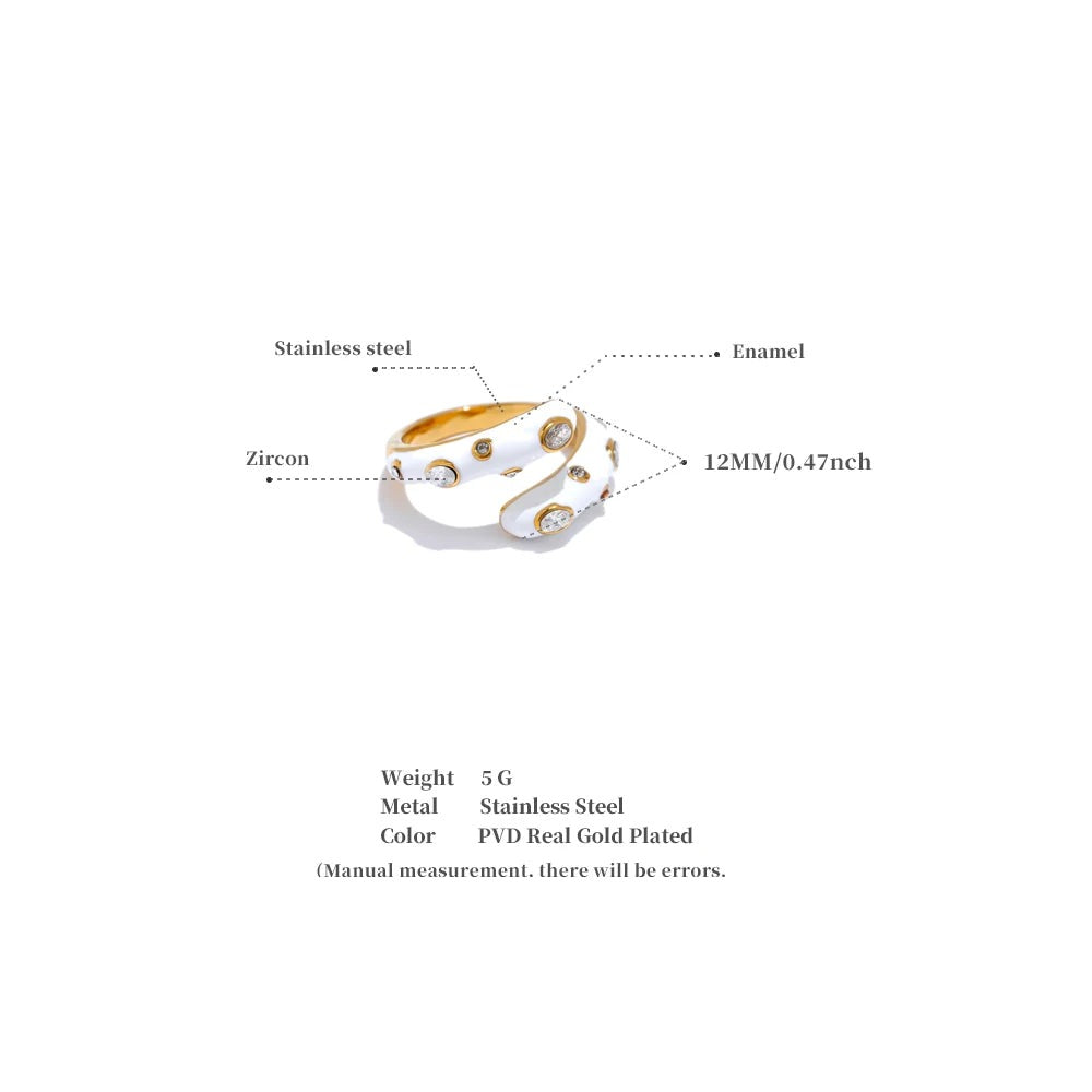 Black cubic zirconia enamel ring in 18K gold-plated stainless steel with cubic zirconia and enamel.