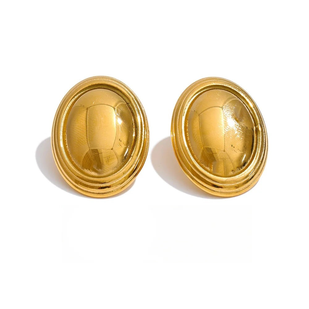 Gold-plated stainless steel earrings with a large oval shape on top.