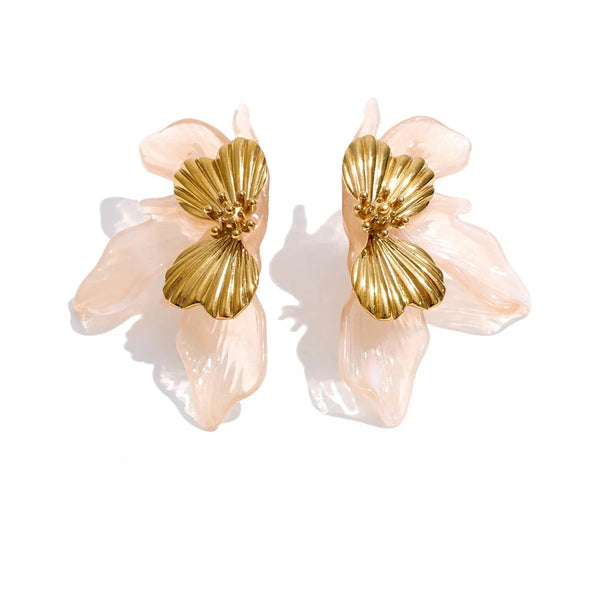 Gold-plated stainless steel earrings with resin and acrylic, featuring a floral design.