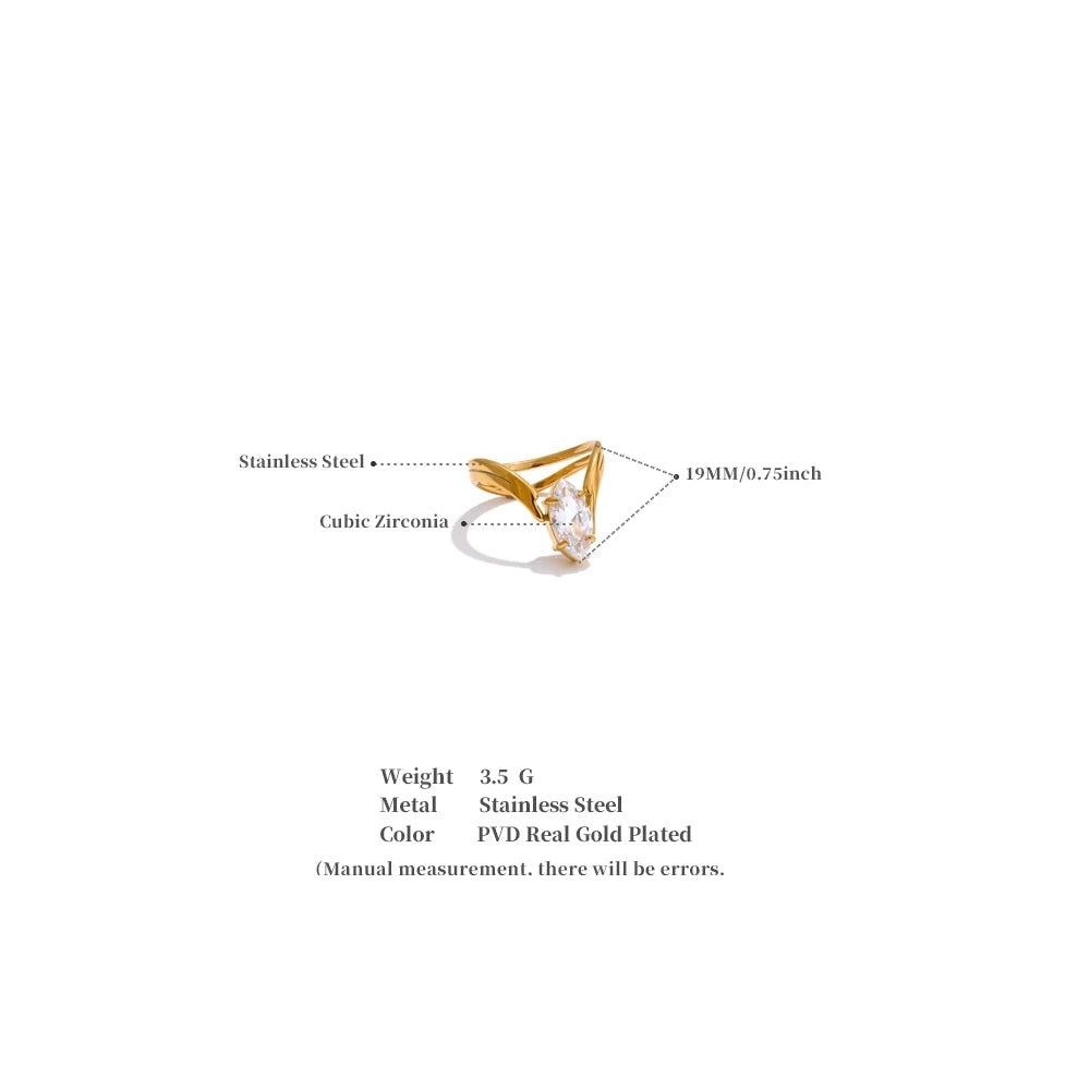 Cubic zirconia geometric ring in 18K gold-plated stainless steel with cubic zirconia.