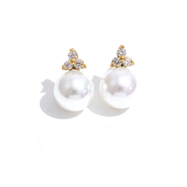 Cubic Zirconia Pearl Geometric Earrings — Gold-Plated Stainless Steel with Pearl and Cubic Zirconia · PS1862