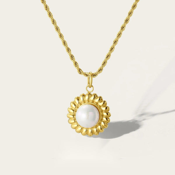 Rope Chain Pearl Round Metal Pendant Necklace — 316L Stainless Steel · PS389