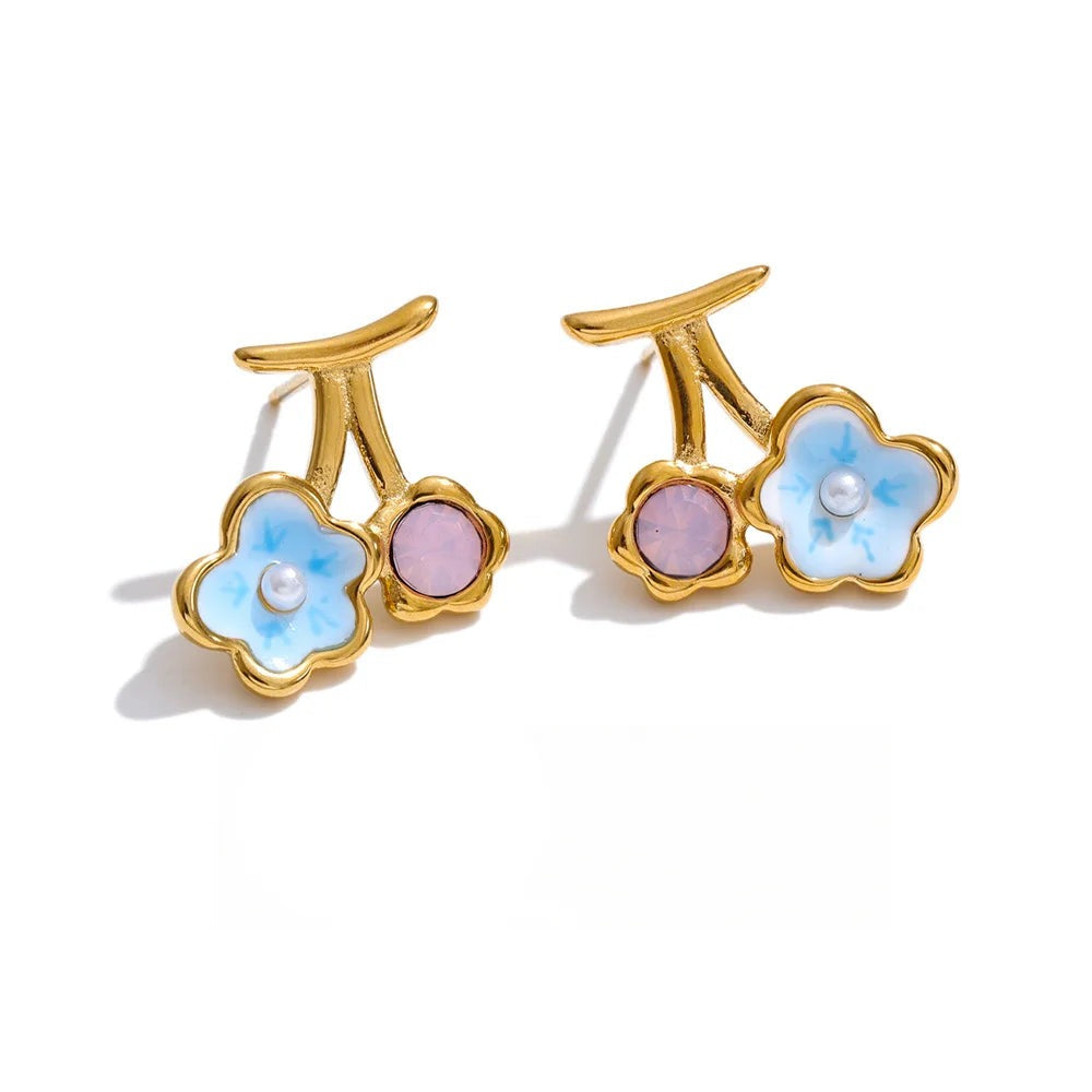 Gold-plated stainless steel earrings with pearl and enamel flowers.