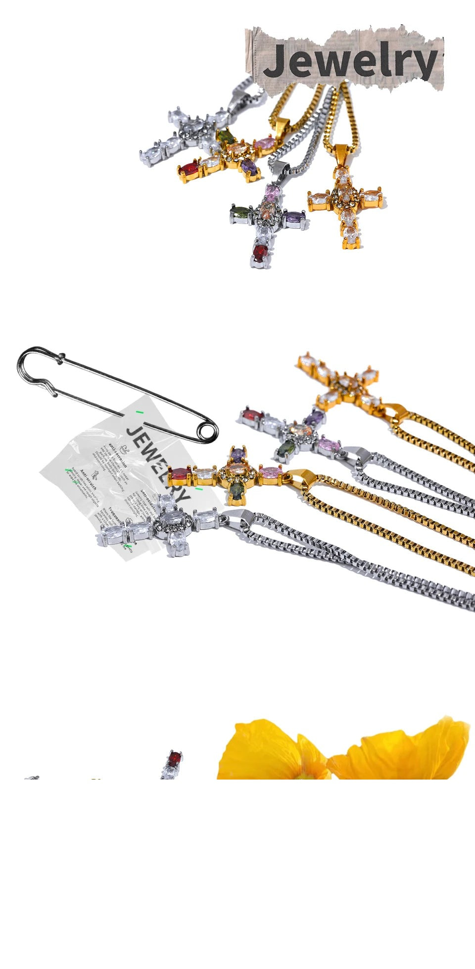 Cubic zirconia cross multi-color necklace in gold-plated stainless steel with cubic zirconia.