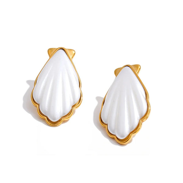 Gold-plated stainless steel earrings with pearl and shell design.
