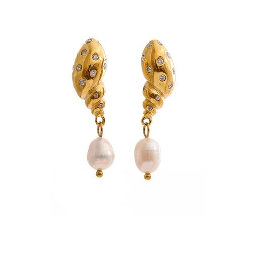 Gold-plated stainless steel earrings with freshwater pearl and cubic zirconia.