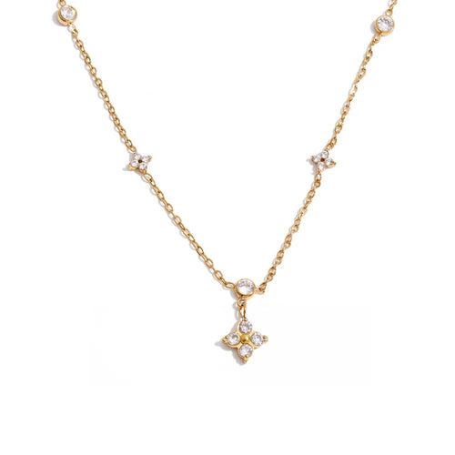 Gold-plated stainless steel necklace with cubic zirconia accents.