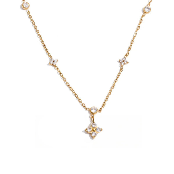 Gold-plated stainless steel necklace with cubic zirconia accents.