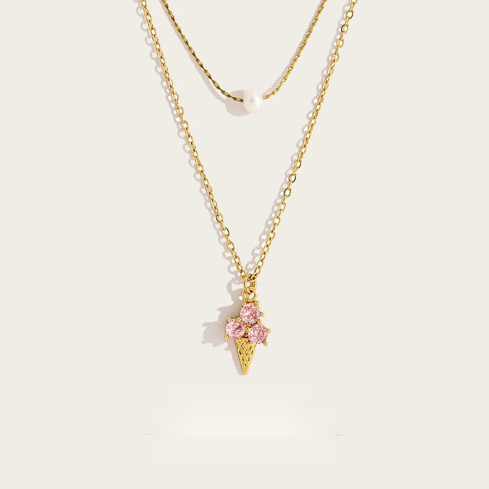 Pink Crystal Ice Cream Pendant Necklace Charm — 316L Stainless Steel · PS455