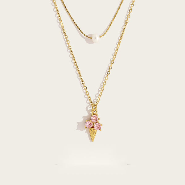 Pink Crystal Ice Cream Pendant Necklace Charm — 316L Stainless Steel · PS455