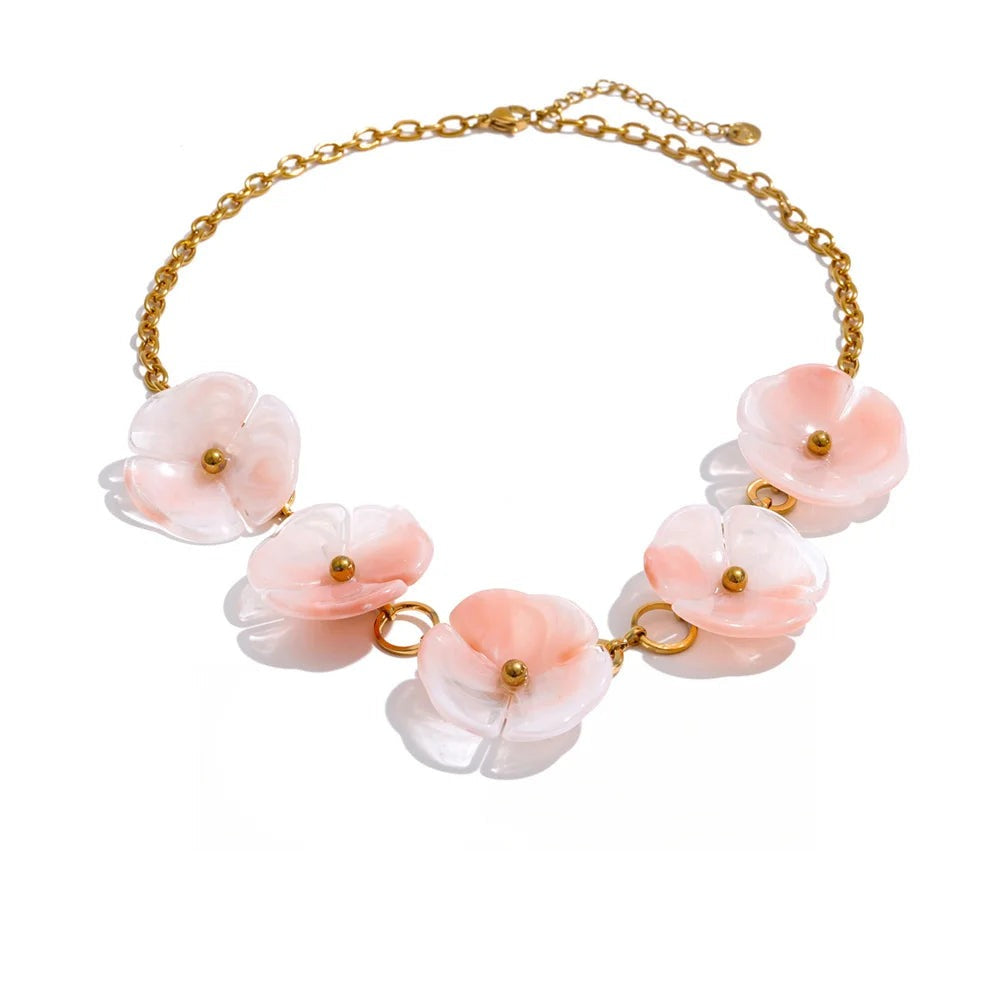 Gold-plated stainless steel necklace with pink flowers.