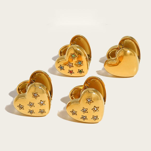 Heart Star Crystal Ear Buckle Earrings — 316L Stainless Steel · PS392