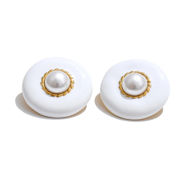 Pearl Enamel Multi-Color Earrings — Gold-Plated Stainless Steel with Pearl and Enamel · PS1521
