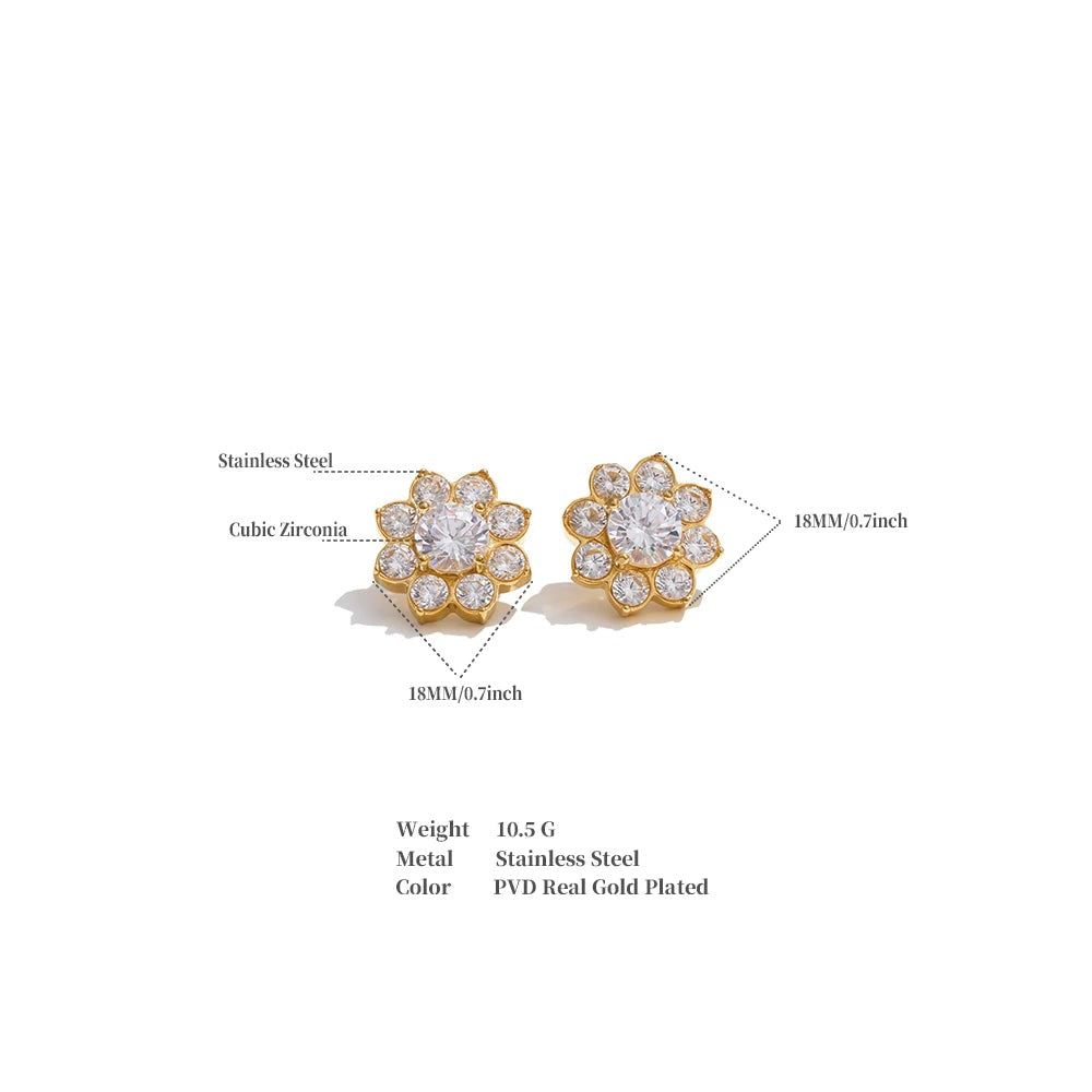 Cubic Zirconia Flower Earrings — Gold-Plated Stainless Steel with Cubic Zirconia · PS1570
