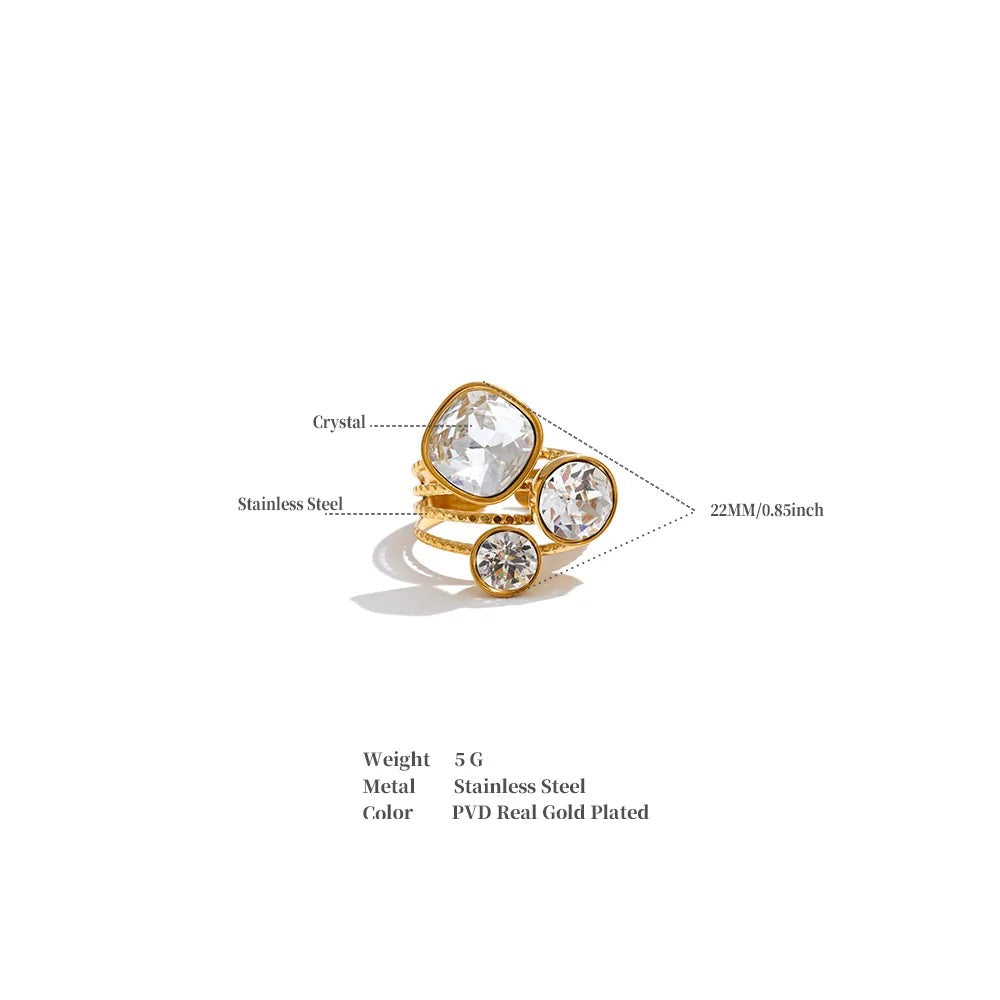 Crystal multi-color geometric ring in 18K gold-plated stainless steel with crystal.