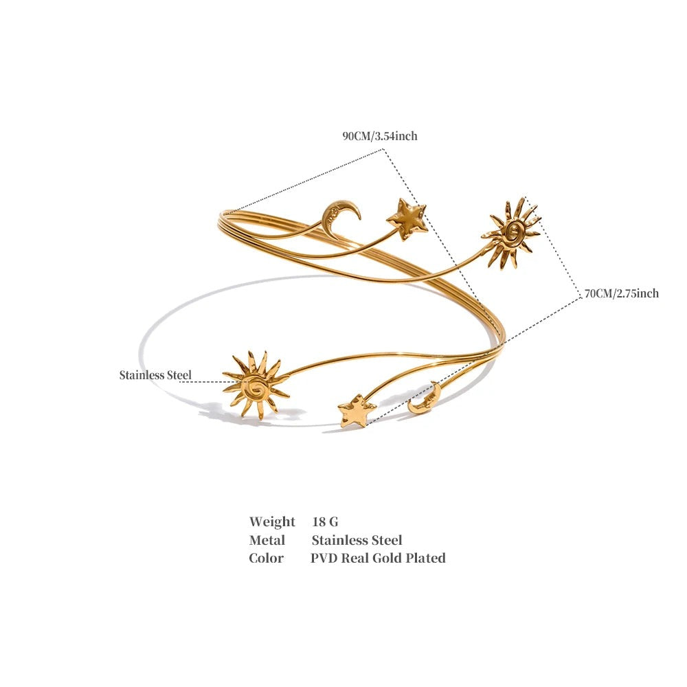 Star moon sun bracelet in gold-plated stainless steel.