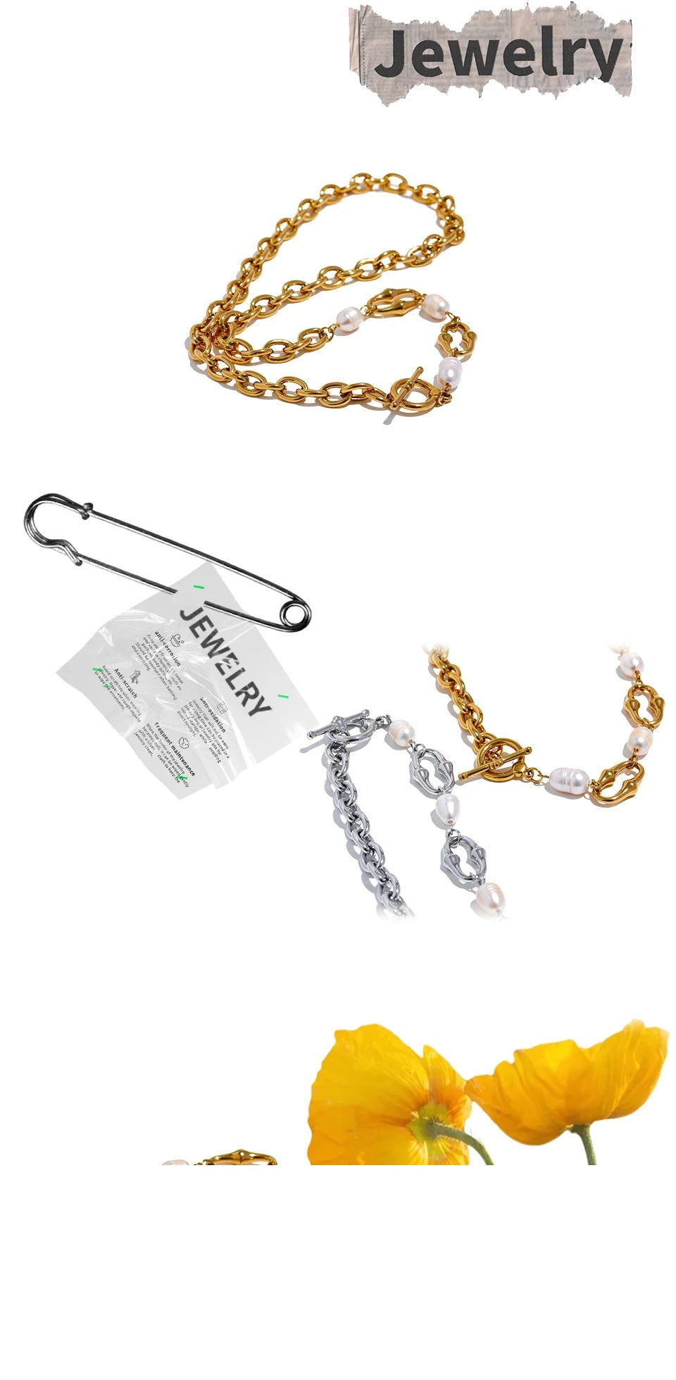 Freshwater pearl geometric chain necklace in gold-plated stainless steel with freshwater pearl.