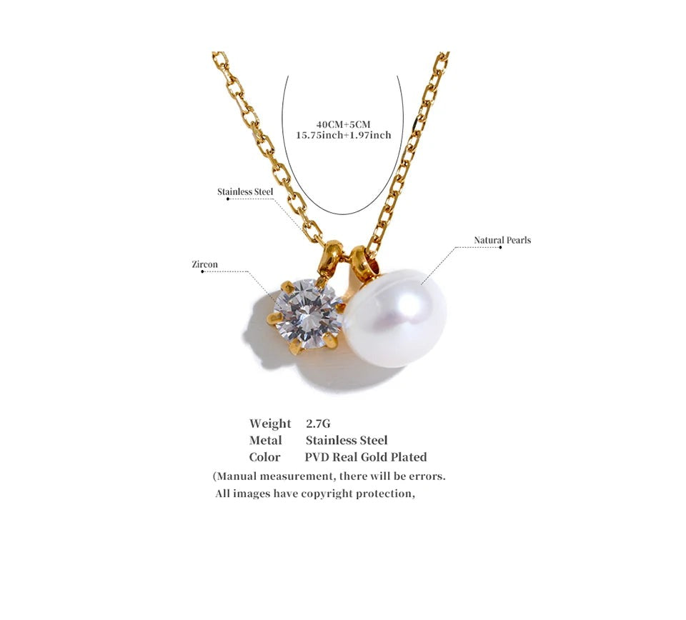 Cubic zirconia pearl geometric necklace in gold-plated stainless steel with pearl and cubic zirconia.