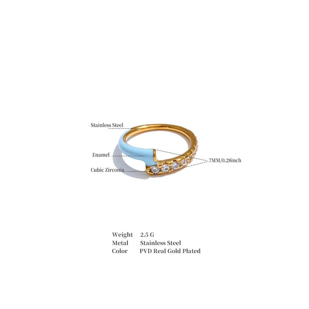 Green cubic zirconia enamel ring in 18K gold-plated stainless steel with cubic zirconia and enamel.