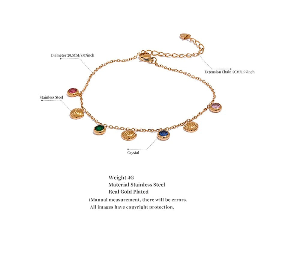 Cubic zirconia shell multi-color anklet in gold-plated stainless steel with cubic zirconia and shell.