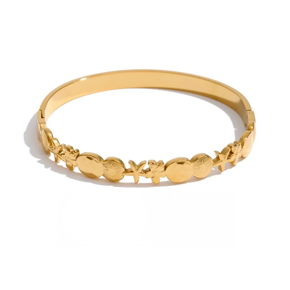 Gold-plated stainless steel bracelet featuring a floral design.