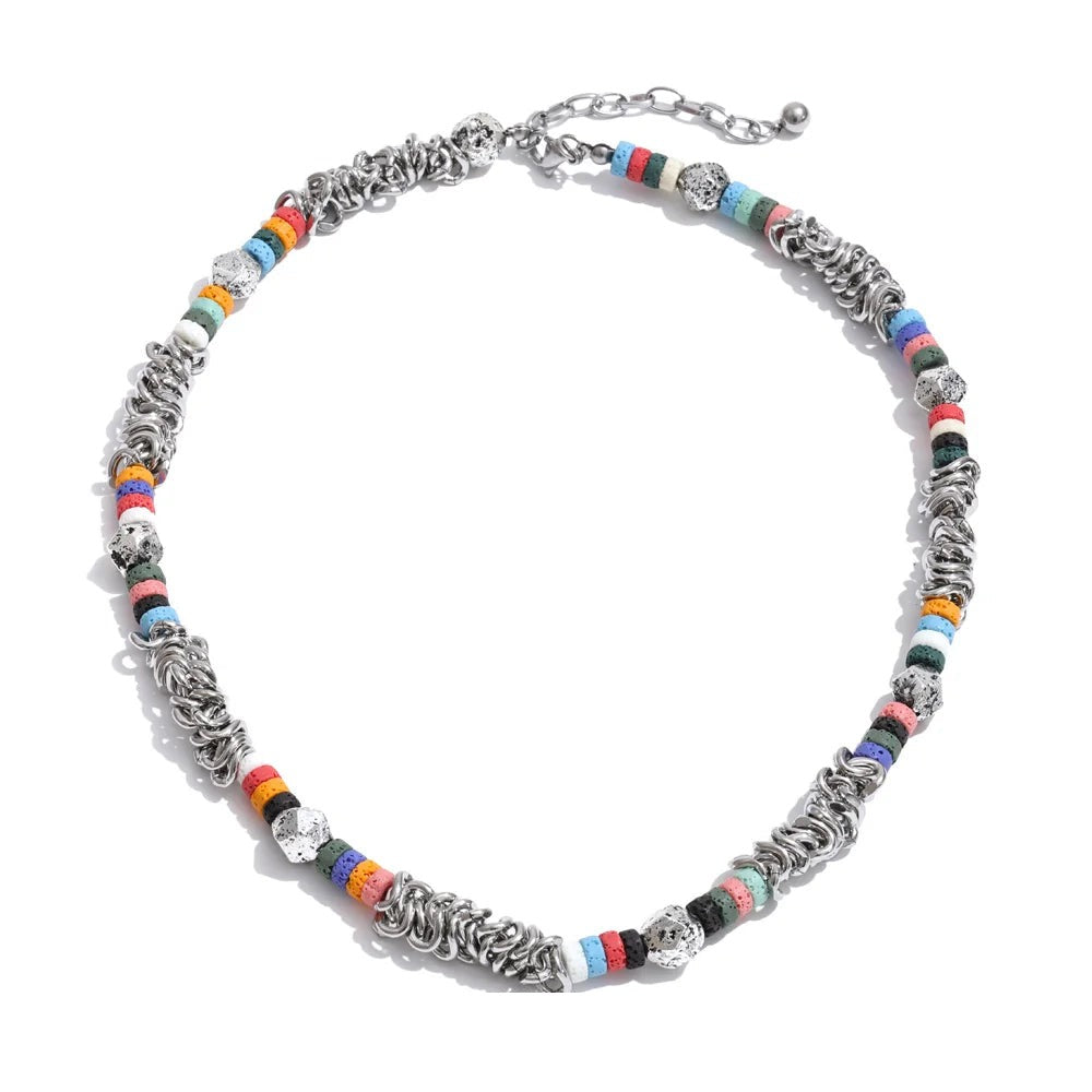 Glass natural stone geometric necklace in gold-plated stainless steel with natural stone.
