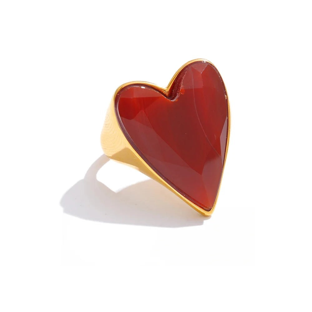 Gold-plated stainless steel ring with red heart stone.
