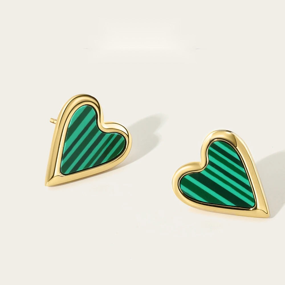 Stud Earrings Heart Vintage Green Natural Stone — 316L Stainless Steel · PS422