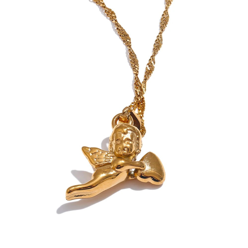 Gold-plated stainless steel necklace featuring a small angel pendant.