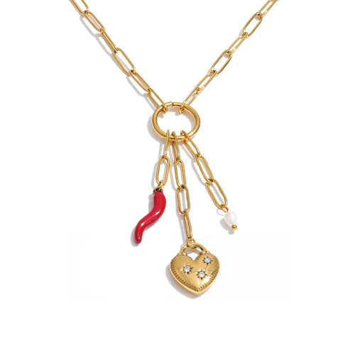 Gold-plated stainless steel necklace with freshwater pearl and cubic zirconia.