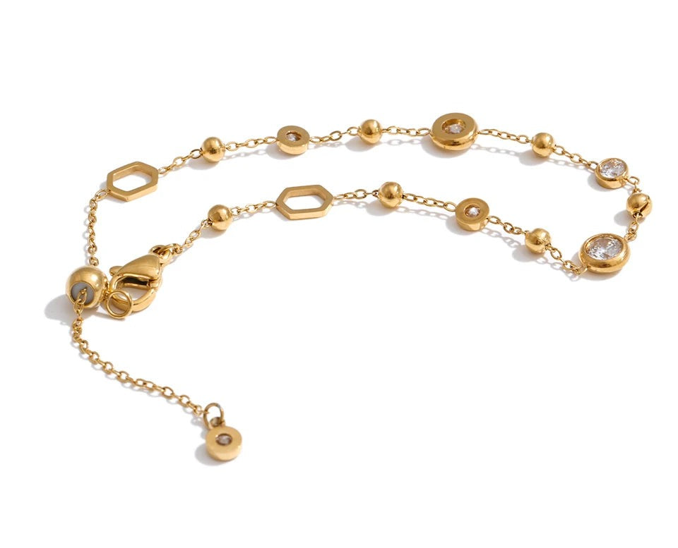Cubic Zirconia Geometric Chain Bracelet — Gold-Plated Stainless Steel with Cubic Zirconia · PS1643