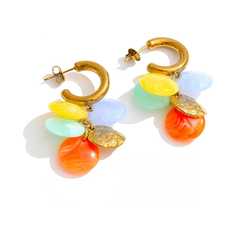 Gold-plated stainless steel earrings with resin and acrylic featuring a colorful fruit design.