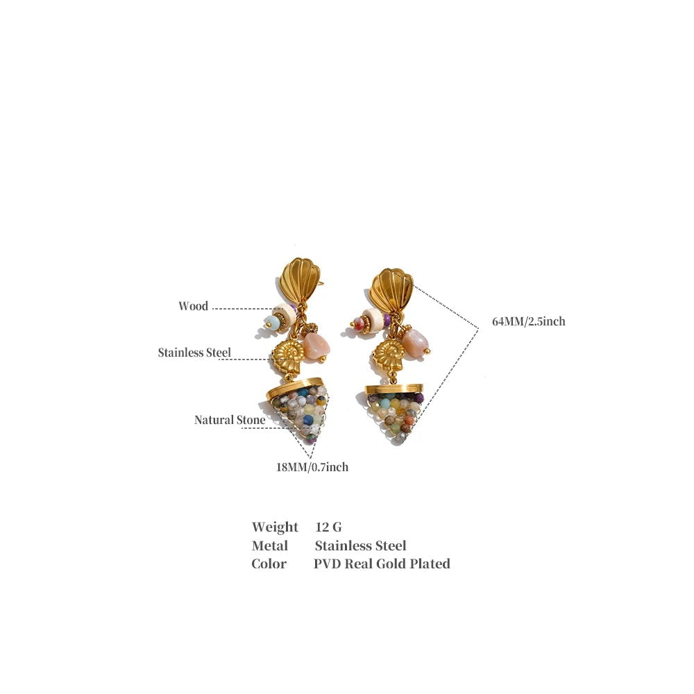 Shell natural stone geometric earrings in gold-plated stainless steel with natural stone and shell.