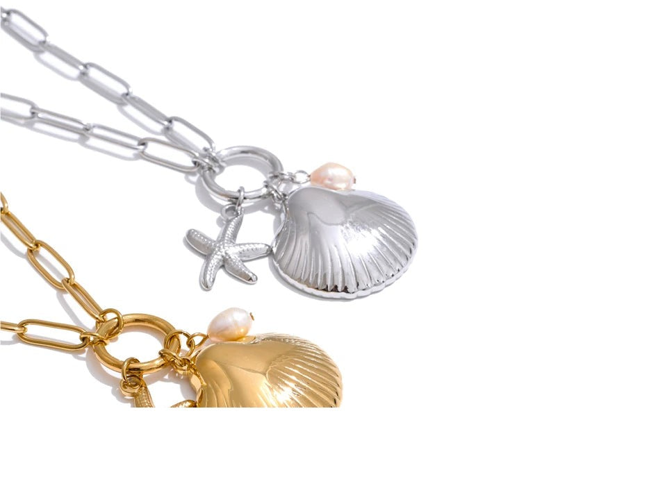 Freshwater Pearl Shell Star Necklace — Gold-Plated Stainless Steel with Freshwater Pearl and Shell · PS2305