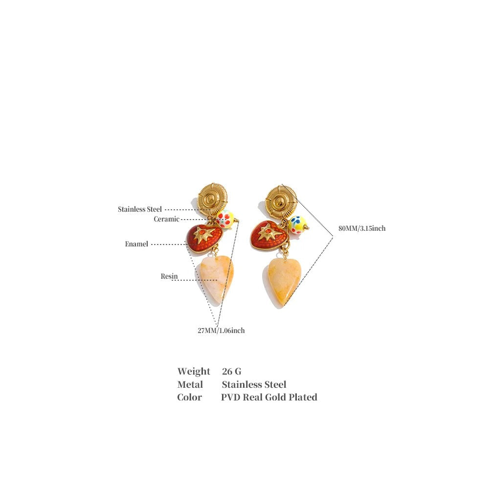 Enamel Natural Stone Heart Earrings — Gold-Plated Stainless Steel with Natural Stone and Enamel · PS1075