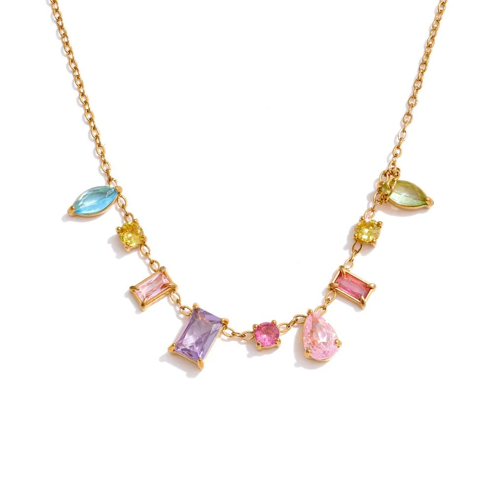 Gold-plated necklace with cubic zirconia stones in various colors.