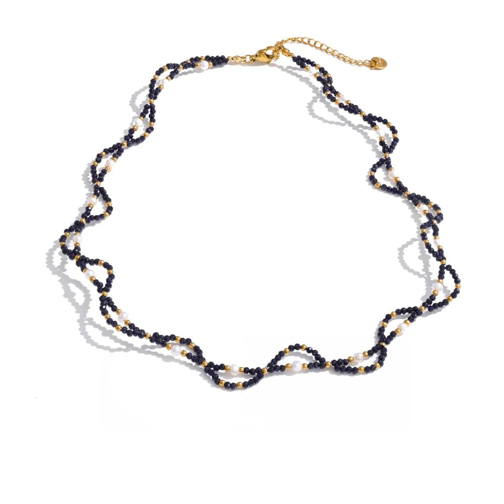 Gold-plated stainless steel necklace with pearl and natural stone beads.