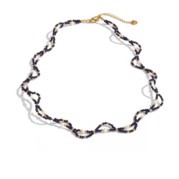Gold-plated stainless steel necklace with pearl and natural stone beads.