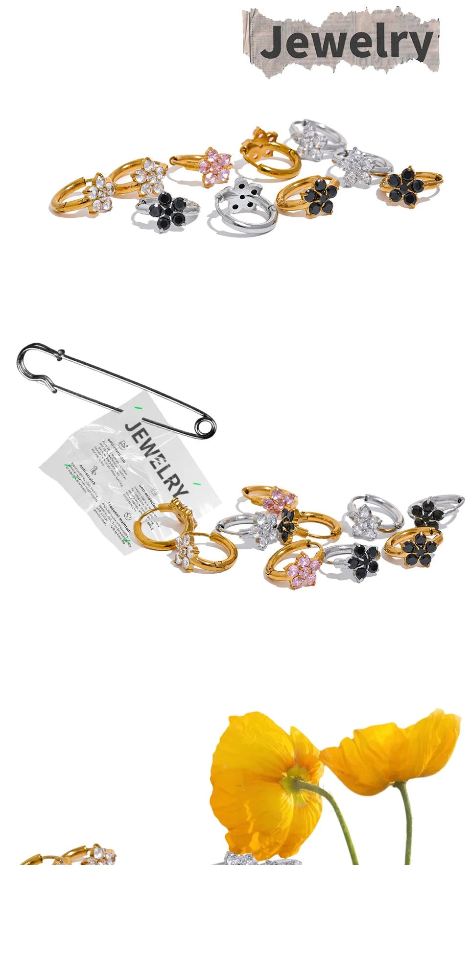 Cubic zirconia flower earrings in gold-plated stainless steel with cubic zirconia.