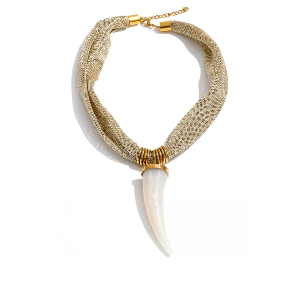 Gold-plated stainless steel necklace with resin, featuring a large white tooth-shaped pendant.