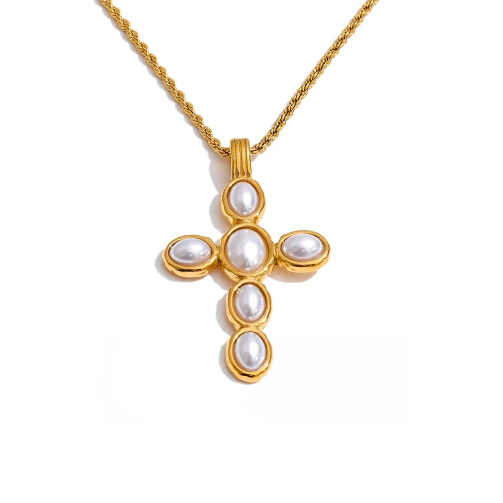 Gold-plated stainless steel cross necklace with pearls.