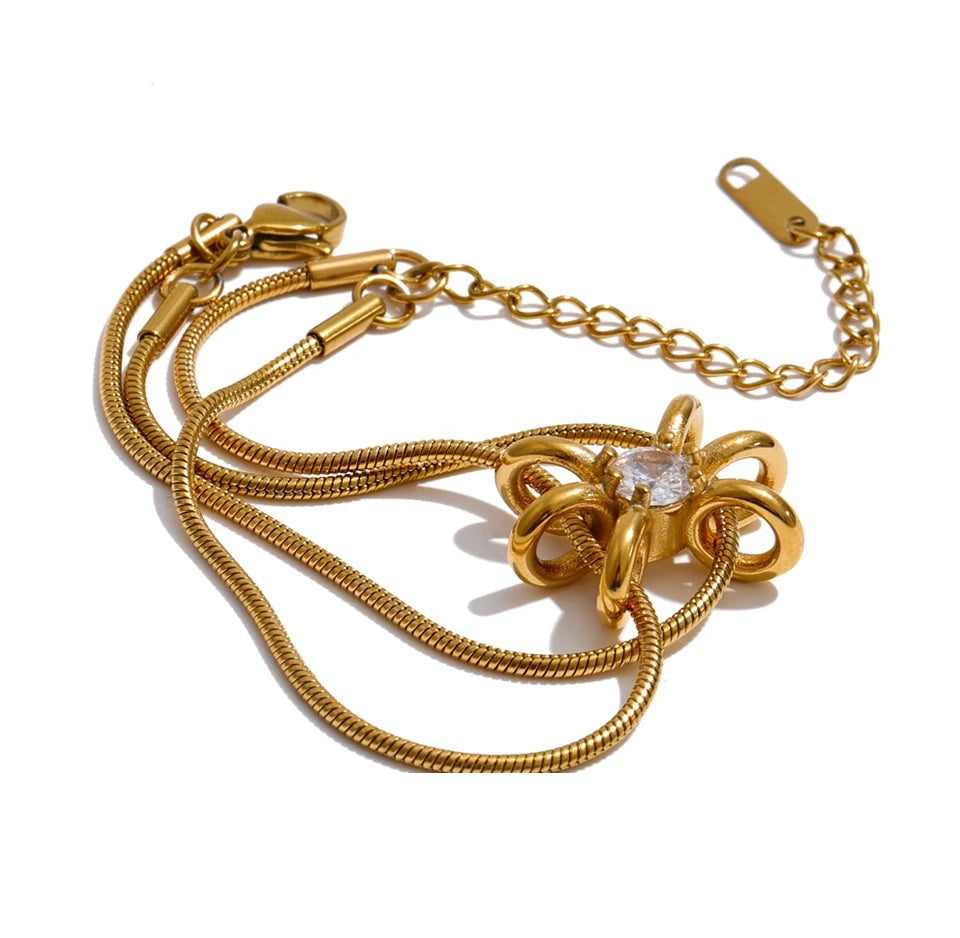 Cubic Zirconia Flower Geometric Bracelet — Gold-Plated Stainless Steel with Cubic Zirconia · PS1406