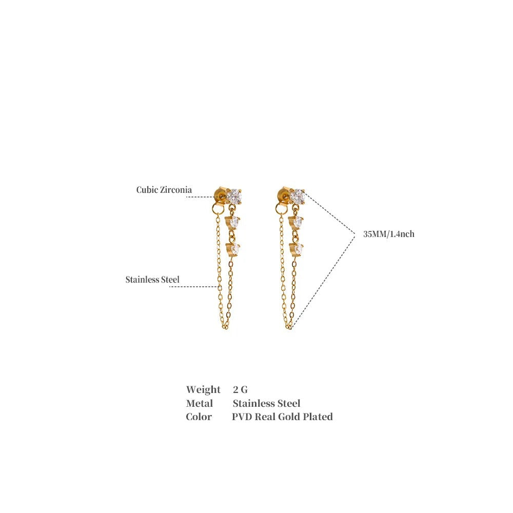 Cubic zirconia geometric chain earrings in gold-plated stainless steel with cubic zirconia.
