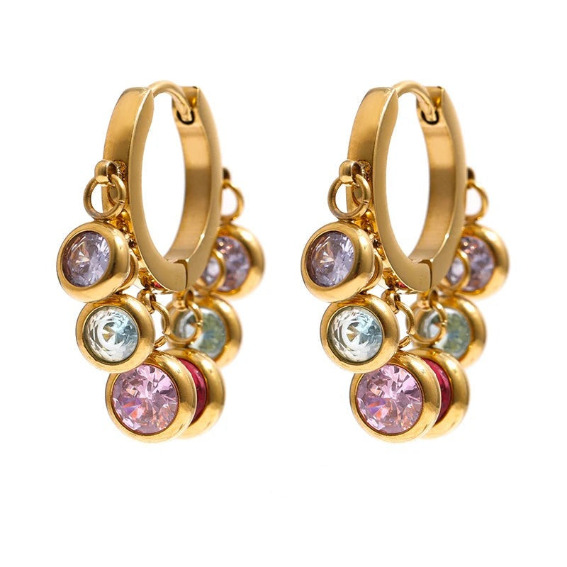 Cubic Zirconia Hammered Multi-Color Earrings — Gold-Plated Stainless Steel with Cubic Zirconia · PS2210