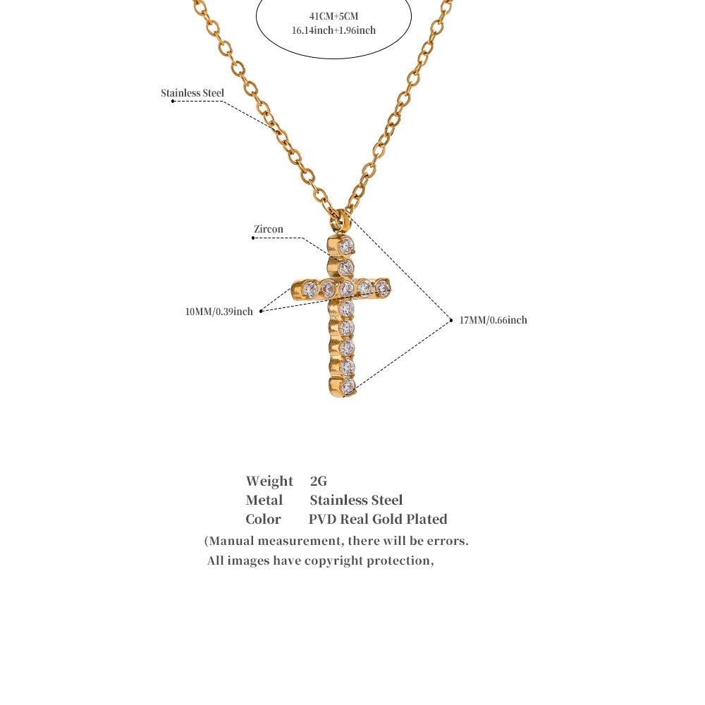 Cubic zirconia cross necklace in gold-plated 316L stainless steel with cubic zirconia.