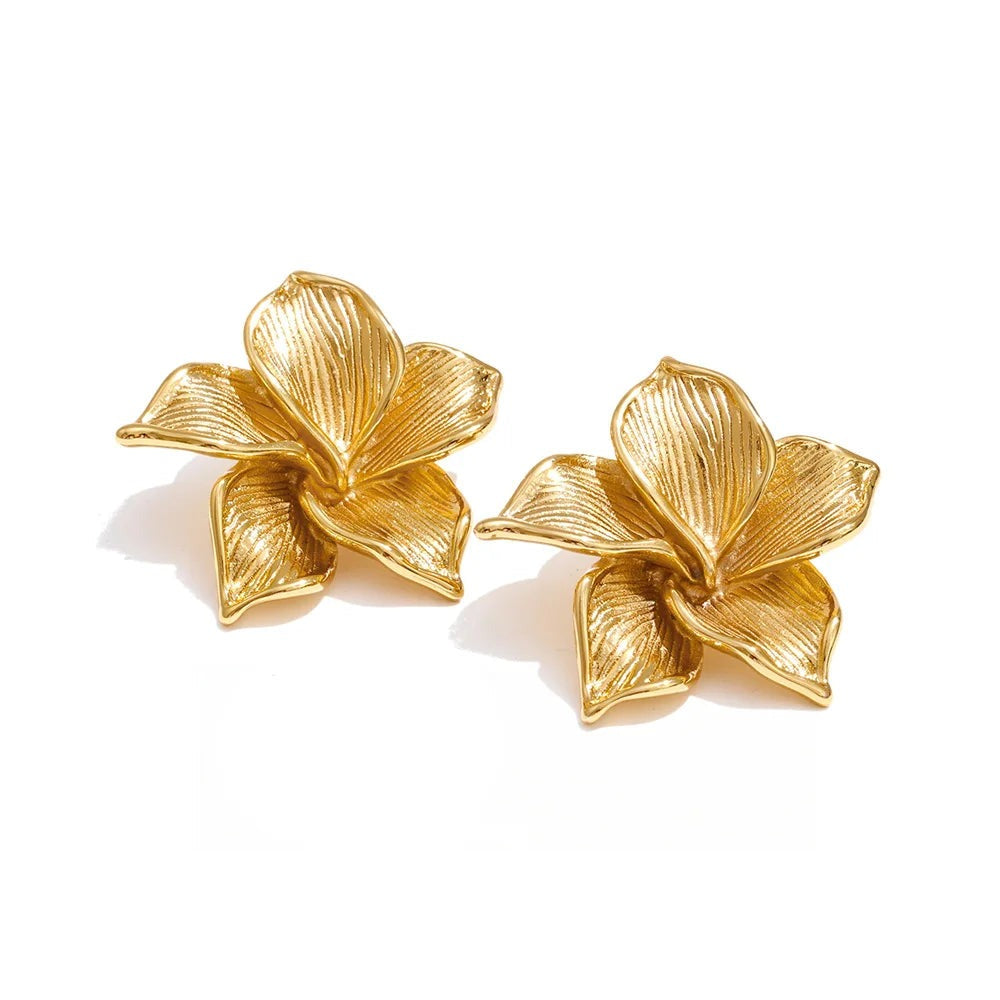 Gold-plated stainless steel earrings with a large flower design.